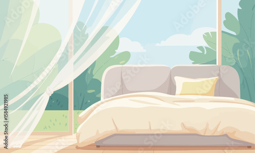 Bright bedroom interior with a large window showing trees and sunlight streaming through sheer curtains.