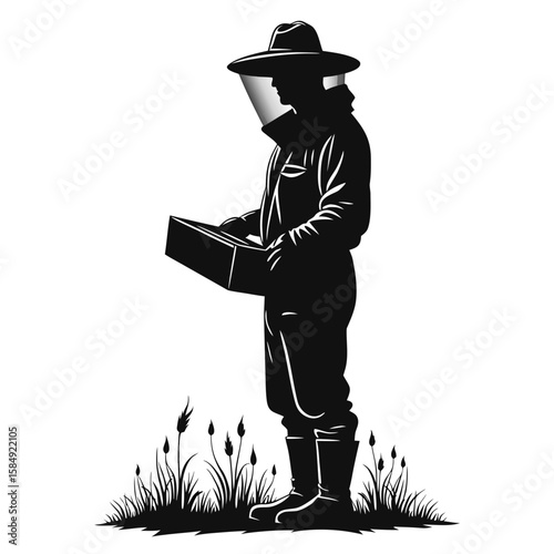 Beekeeper in protective suit holding equipment amidst grass veil gloves