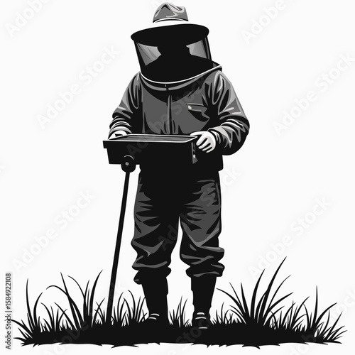 Beekeeper in protective suit holding equipment in grassy field veil gloves