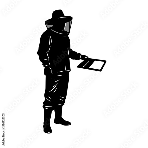 Beekeeper in protective suit holding frame person veil