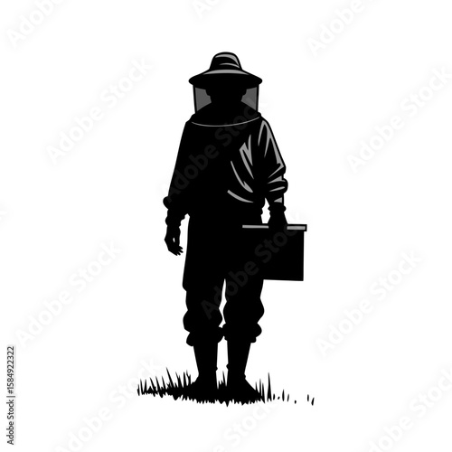 Beekeeper in protective suit holding hive box standing on grass apiarist beekeeping