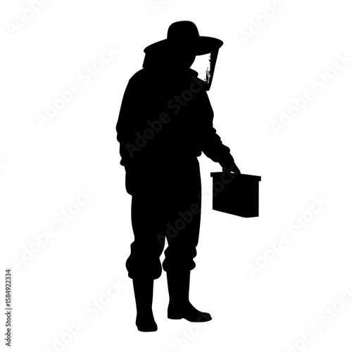 Beekeeper in protective suit holding hive box person veil