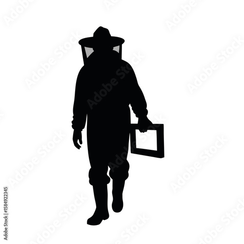 Beekeeper in protective suit holding frame veil gloves