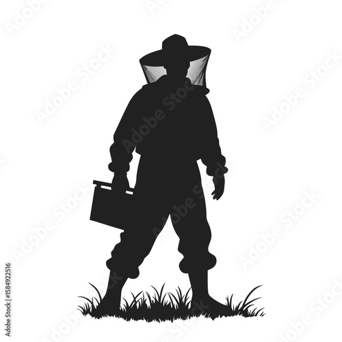 Beekeeper silhouette holding equipment standing in grass person protective suit