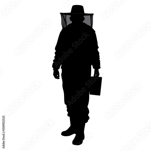 Beekeeper in protective suit with veil and box vector