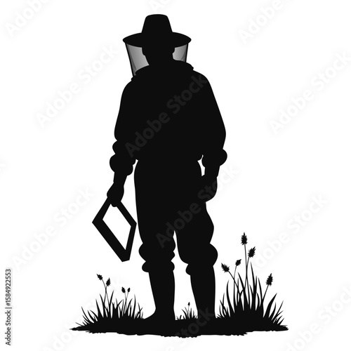 Beekeeper silhouette holding frame in grassy field protective suit