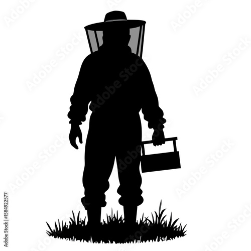Beekeeper silhouette holding equipment in grass person protective suit