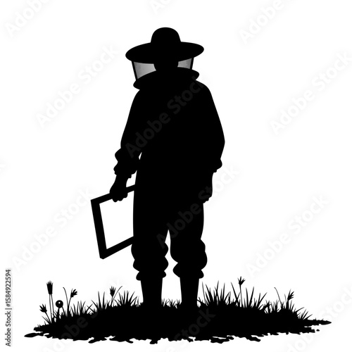 Beekeeper silhouette holding frame in grassy field protective suit veil