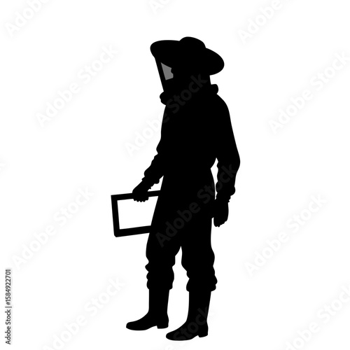Beekeeper silhouette holding frame protective suit veil