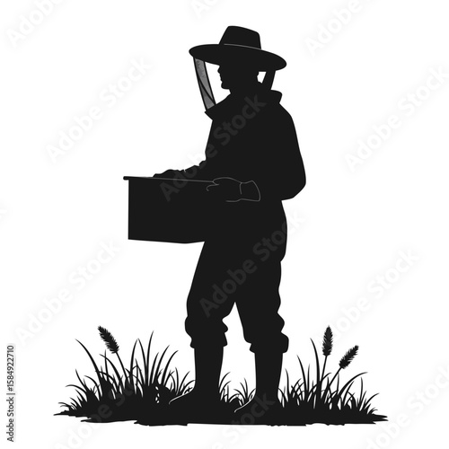 Beekeeper silhouette holding hive box surrounded by grass veil