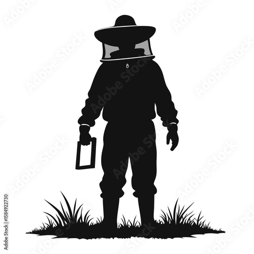 Beekeeper silhouette holding tool in grass beekeeping apiary