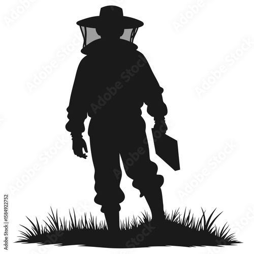 Beekeeper silhouette in protective suit holding equipment veil