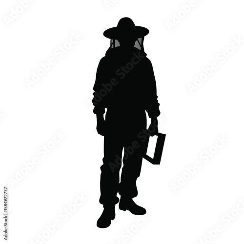 Beekeeper silhouette wearing protective suit and hat holding frame veil