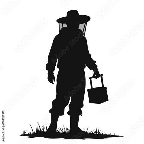 Beekeeper silhouette wearing protective suit holding equipment veil