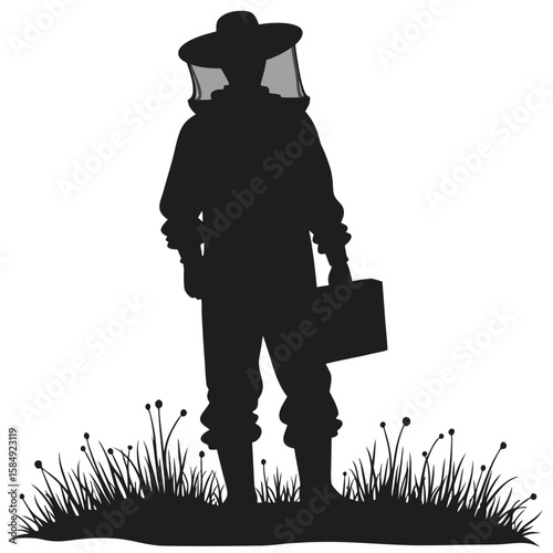 Beekeeper silhouette with protective suit and case in grassy field veil