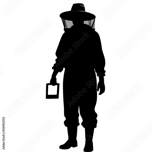Beekeeper silhouette wearing protective suit holding frame veil