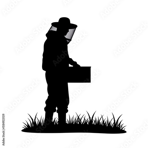 Beekeeper silhouette working with hive box on grassy field protective suit veil