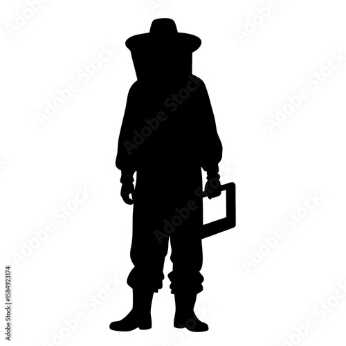 Beekeeper wearing protective suit holding equipment beekeeping gloves