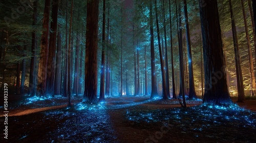 Mystical forest landscape with glowing flora and majestic trees at night