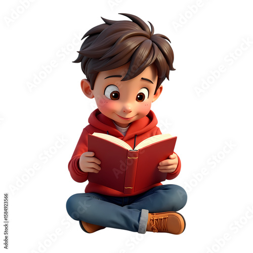 3d Cartoon boy reading a book while sitting isolated on transparent background