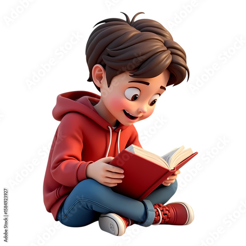 3d Cartoon boy reading a book while sitting isolated on transparent background