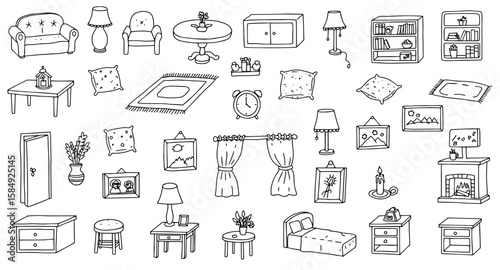 Outline Illustrations of Home Furniture  Interior Decor: From Sofa to Bed, Lamps  More