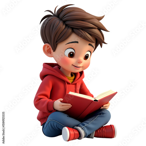 3d Cartoon boy reading a book while sitting isolated on transparent background