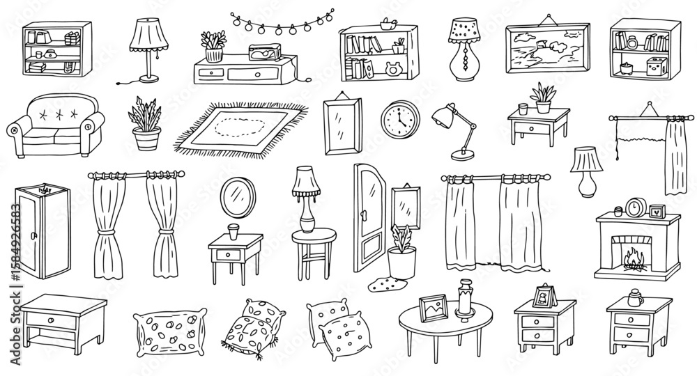 Detailed Hand-Drawn Sketch Collection of Home Interior Furniture and Decor Items Detailed Hand-Drawn Sketch Collection of Home Interior Furniture and Decor Items