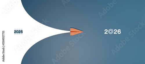 Paper plane flying from blurred 2025 into 2026 with target symbol. Concept of new year transition, goal setting, direction, innovation, and strategic planning.