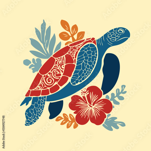 Decorative sea turtle illustration with floral elements and hibiscus flower – tropical boho style design with natural earthy colors