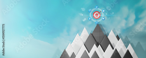 Goal. Success. Target. Leadership concept. A visually striking representation of achieving goals, featuring a target on a mountain peak symbolizing success and aspiration.