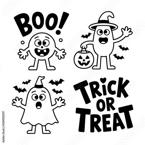 Vector art of halloween cartoon characters with trick or treat message isolated on white background