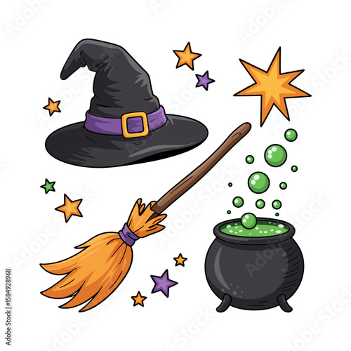 Vector art of a witchs hat, broom, and cauldron isolated on white background
