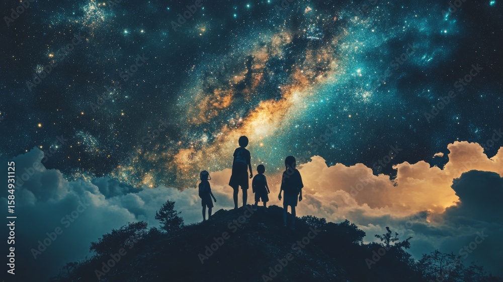 Fototapeta premium community large family in the park. a large group of people holding hands walking silhouette on nature sunset in the park. big family kid dream concept