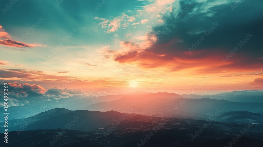 Fototapeta premium A breathtaking sunset over a mountain range with colorful clouds and golden sunlight.