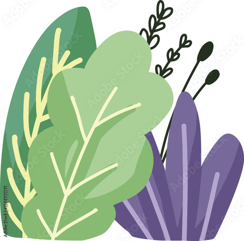 Green and purple stylized leaves and plants composition