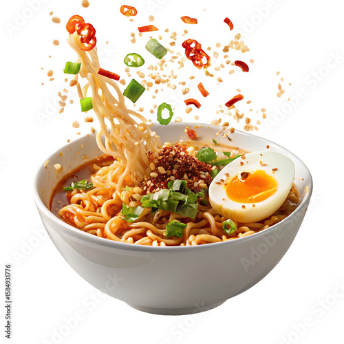 Delicious spicy ramen noodles with eggs and vegetables in a white bowl on black background image