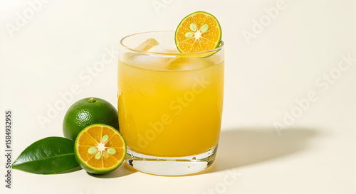Fresh calamansi juice with ice cubes presented with citrus fruits and green leaf against a light background.