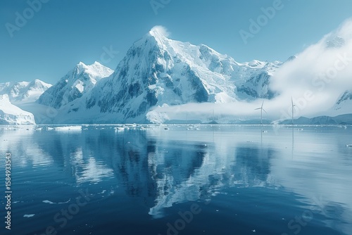Snowy peaks reflect in calm blue water mountains reflection