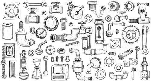 Detailed Hand-Drawn Steampunk Mechanical  Plumbing Parts Collection