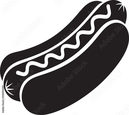 Simple black silhouette of a hot dog with mustard on a white background