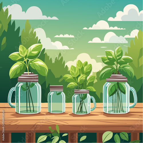 aromatic basil plants in vintage mason jars on a rustic wooden table