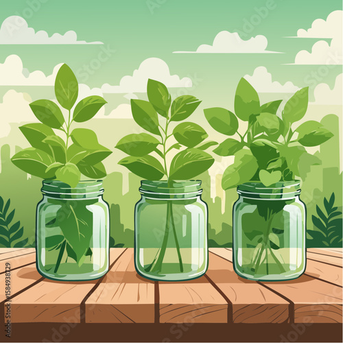 aromatic basil plants in vintage mason jars on a rustic wooden table