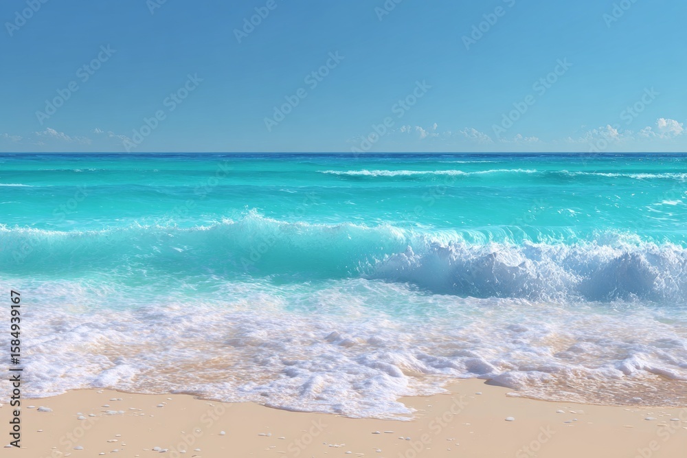 Breathtaking View of Azure Waves Crashing onto a Sunlit, Serene Sandy Beach Under Clear Skies Breathtaking View of Azure Waves Crashing onto a Sunlit, Serene Sandy Beach Under Clear Skies