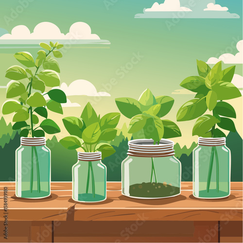 aromatic basil plants in vintage mason jars on a rustic wooden table