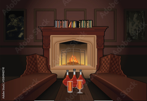 Luxury Lounge Room with Fireplace and Whiskey Vector Illustration