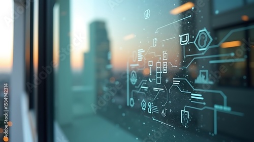 A captivating photo-realistic scene depicts a smart glass window, highlighting its seamless transparency to opacity transition and a subtle, futuristic interface overlay, conveying innovative features