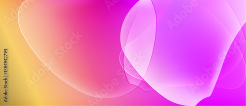 Abstract gradients blend, creating soft curves. Colors shift from gold to pink, then purple. Smooth shapes suggest light, movement.