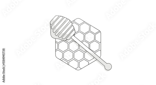  Honey dipper on honeycomb illustration in black and white