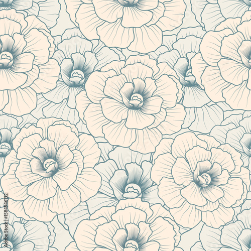 Soft vintage floral pattern in line art style with delicate blue outlines on a beige background. Perfect for minimal and elegant designs.